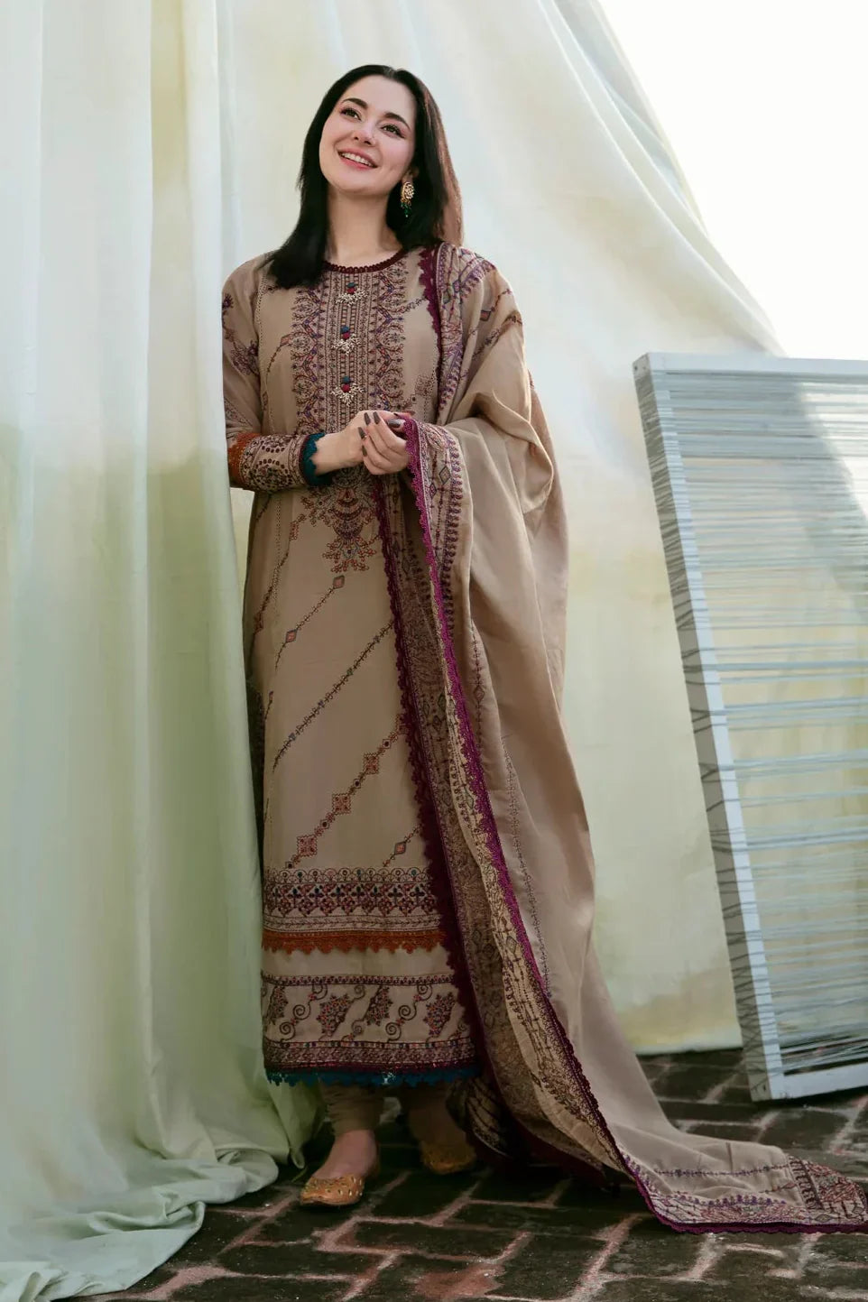 3PC DHANAK EMBROIDERED SHIRT WITH DHANAK EMBROIDERED SHAWL AND TROUSER