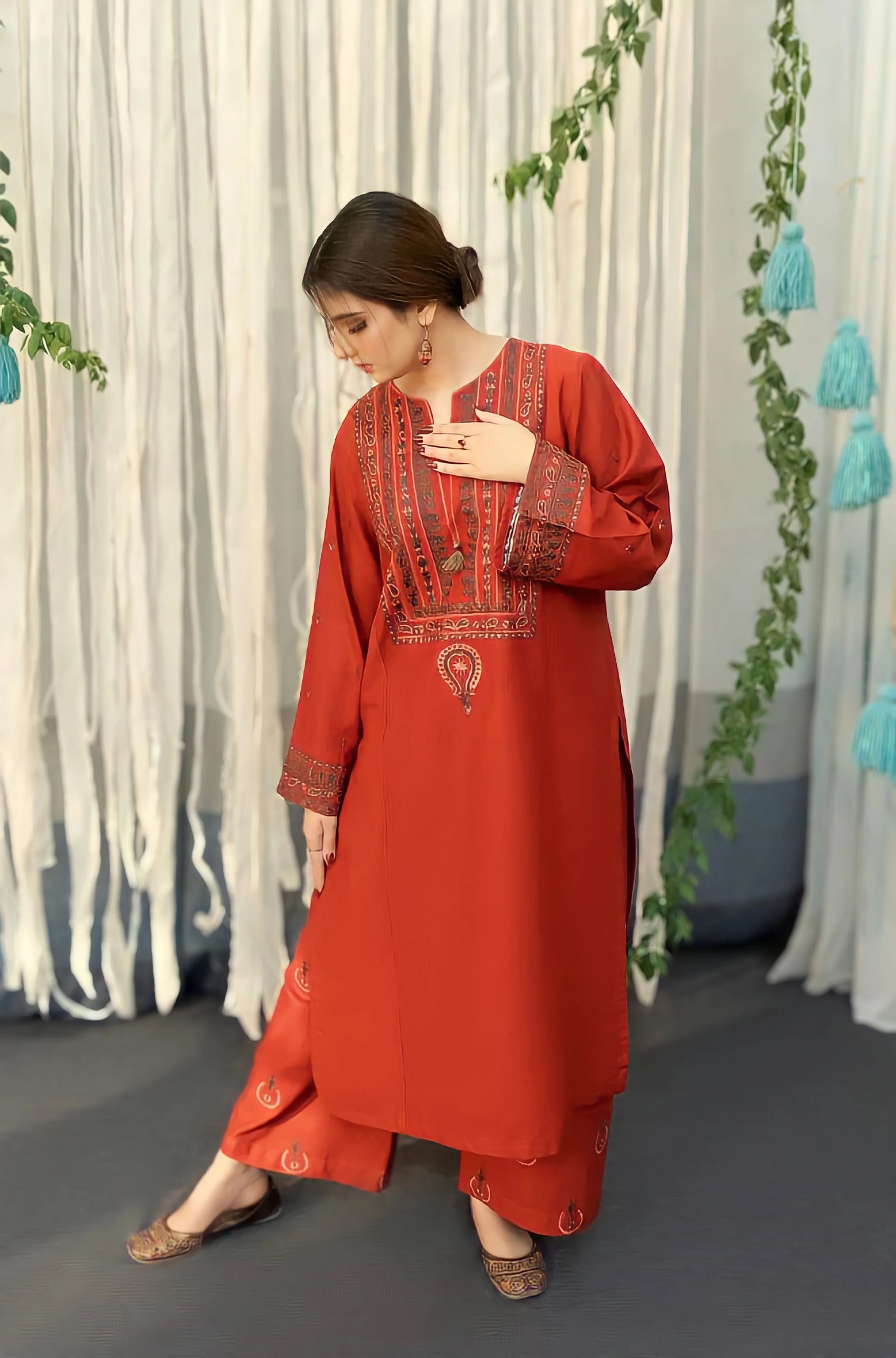 3PC Unstitched Dhanak Embroidered Shirt with Digital Printed Pashmina Wool Shawl and Embroidered Trouser AB